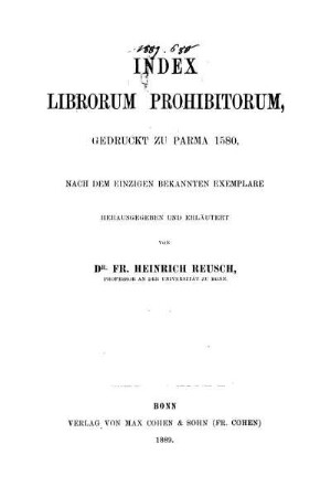 Index librorum prohibitorum, gedruckt zu Parma 1580, nach dem einzigen bekannten Exemplare