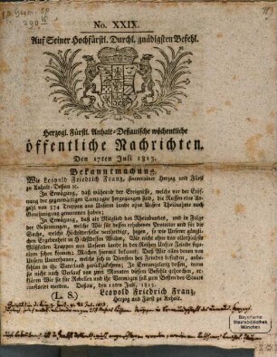 Herzogl. Fürstl. Anhalt-Dessauische wöchentliche öffentliche Nachrichten. 1813, 17. Juli