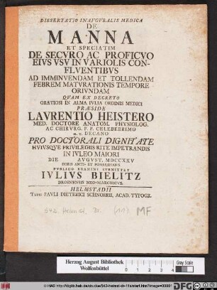 Dissertatio Inavgvralis Medica De manna Et Speciatim De Secvro Ac Proficvo Eivs Vsv In Variolis Conflventibvs ...
