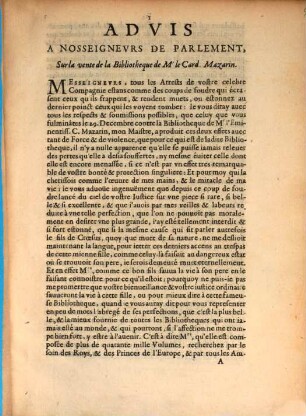 Advis à Nosseigneurs de Parlement sur la vente de la bibliothèque de Mr. le Card. Mazarin