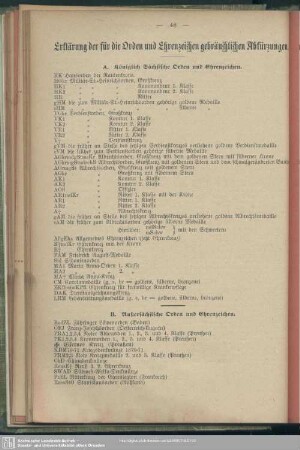 Erklärung der für die Orden und Ehrenzeichen gebräuchlichen Abkürzungen