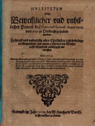 Nullitäten oder beweislicher und unbilliger Proceß der National Synodi : anno 1618 und 1619 zu Dordrecht gehalten worden