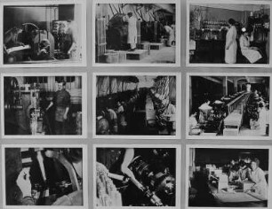 Ausstellungstafel mit Szenen aus dem Dokumentarfilm "Die Chlorodont-Fabrik" (1926). Dresden, Galerie Nord. Ausstellung "Borchert, Christian, Dresden - Bilder aus Dokumentarfilmen 1913–1949"