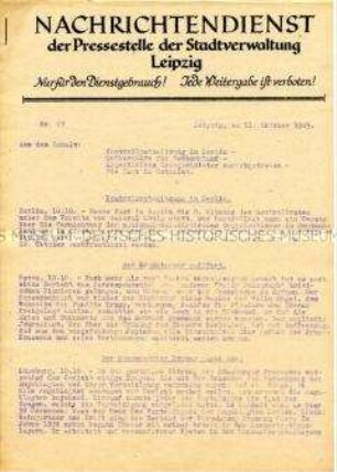 Interner Nachrichtendienst der Stadtverwaltung Leipzig u.a. zum "Bergen-Belsen-Prozess" in Lüneburg und zur Lage in Italien ("Nur für den Dienstgebrauch")