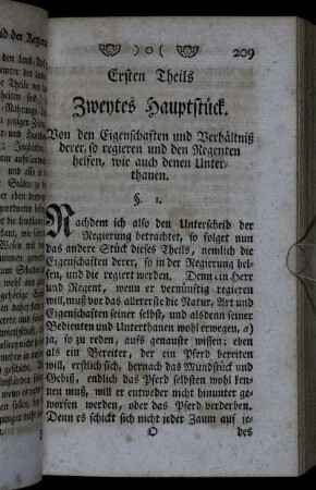 Zweytes Hauptstück. Von den Eigenschaften und Verhältniß derer, so regieren und den Regenten helfen, wie auch denen Unterthanen.