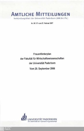 Frauenförderplan der Fakultät für Wirtschaftswissenschaften der Universität Paderborn : vom 20. September 2006