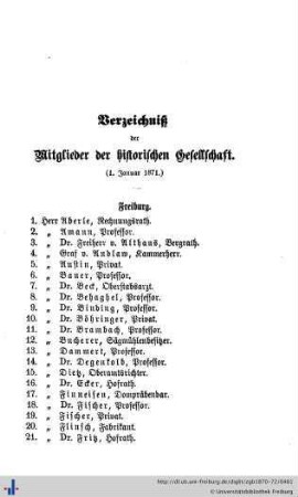 Verzeichnis der Mitglieder der historischen Gesellschaft.