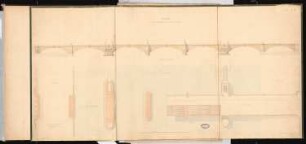 Massive gewölbte Brücke Schinkelwettbewerb 1857: Grundriss auf drei Ebenen; Aufriss Ansicht (in Flussrichtung); Maßstabsleiste