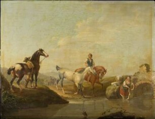 Ein Knecht reitet zwei Pferde zur Tränke