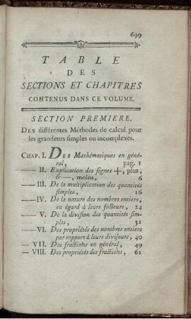 Table des sections et Chapitres contenus dans de volume. Section premiere - troisieme.