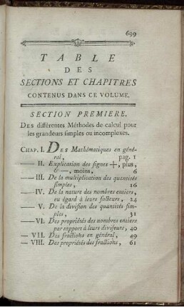 Table des sections et Chapitres contenus dans de volume. Section premiere - troisieme.
