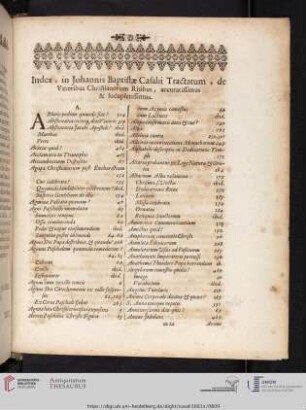 Index, in Johannis Baptistae Casalii Tractatum, de Veteribus Christianorum Ritibus, accuraissimus & Locupletissimus.