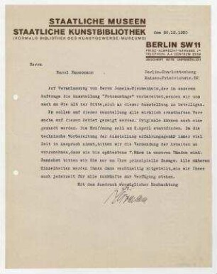 Brief Staatliche Kunstbibliothek / Wolfgang Herrmann an Raoul Hausmann. Berlin. Briefkopf: Staatliche Museen Staatliche Kunstbibliothek (vormals Bibliothek des Kunstgewerbe-Museums) Berlin SW 11 Prinz-Albrecht-Strasse 7 A