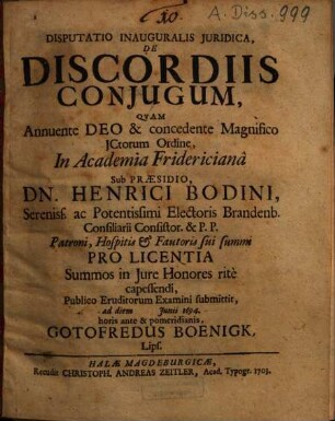 Disputatio Inauguralis Iuridica, De Discordiis Coniugum