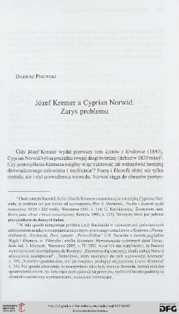 Józef Kremer a Cyprian Norwid. Zarys problemu