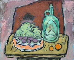 Stillleben mit grüner Weinflasche und Früchten