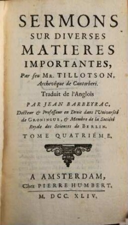 Sermons Sur Diverses Matieres Importantes, Tome Quatriéme