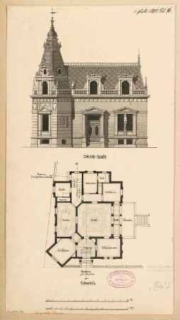 Wohnhaus, Eberswalde Monatskonkurrenz Juli 1880: Grundriss Erdgeschoss, Aufriss Straßenansicht (Alsenplatz); 2 Maßstabsleisten