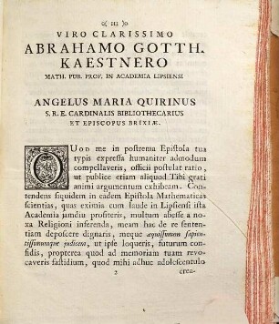 Ad Virum Clarissimum Abrahamum Gotth. Kaestnerum Math. Pub. Prof. In Academia Lipsiensi Epistola : [Brixiae 30 April 1753]