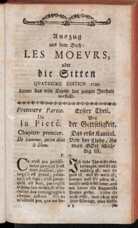 Premiere Partie. De la Pieté. = Erster Theil. Von der Gottseligkeit.