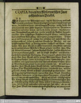 Copia des an den Moscowitischen Zaar geschriebenen Briefes