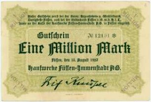 Geldschein / Notgeld, 1 Million Mark, 15.8.1923