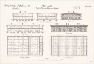 Schlachthof und Viehmarkt, Breslau Stall für Kleinvieh, Schweine und Großvieh: Grundriss Erdgeschoss Dachgeschoss Querschnitte Längsschnitt Giebel- und Längsansicht 1:100