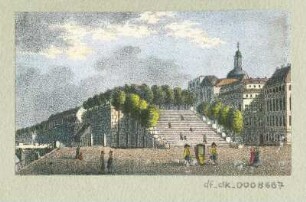 Ansicht von Dresden, Treppe zur Brühlschen Terrasse, Lithografie, um 1840 : [Ansicht von Dresden]. [S.l.], [um 1840]. - 1 Kunstbl. : Lithogr. ; 7,5 x 4,5 cm.