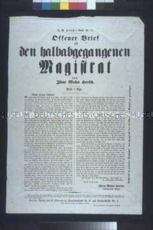 Satirisches Flugblatt (Serie): Offener Brief an den halbabgegangenen Magistrat (I. M. Hersch's Briefe Nr. 7); Berlin, Juli 1848