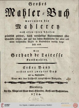 1./2. Buch: Des ... Gerhard de Lairesse ... grosses Mahler-Buch: worinnen die Mahler-Kunst ... gelehret, durch Beweißthümer und Kupfferstiche erkläret, auch mit Exempeln aus den besten Kunst-Stücken [...]