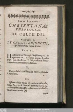Liber Secundus Christianae Theologiae, De Cultu Dei.