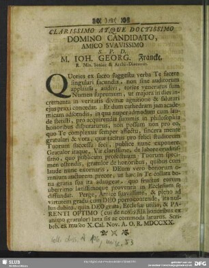 Clarissimo Atque Doctissimo Domino Candidato, Amico Suauissimo