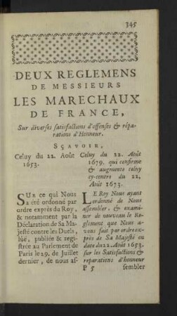 Deux reglemens de Messieurs les Marechaux de France