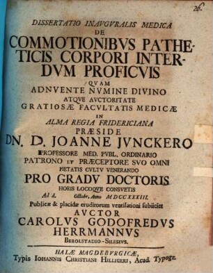 Dissertatio inauguralis medica De Commotionibus Patheticis Corpori Interdum Proficuis