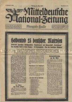 Regionale Tageszeitung "Mitteldeutsche National-Zeitung" u.a. zum Angriff auf das Panzerschiff "Deutschland" vor der spanischen Küste mit einer Auflistung der Opfer