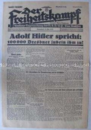 Sonderausgabe der Tageszeitung der NSDAP Sachsen "Der Freiheitskampf" zur Rede Hitlers in Dresden vor der Reichstagswahl am 31. Juli 1932