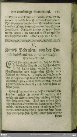 V. Kurzes Bedenken, von der Einfalt des Glaubens, in einem einzigen Glaubens-Artickel