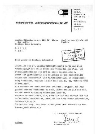 Einladung Verband Film- und Fernsehschaffenden der DDR