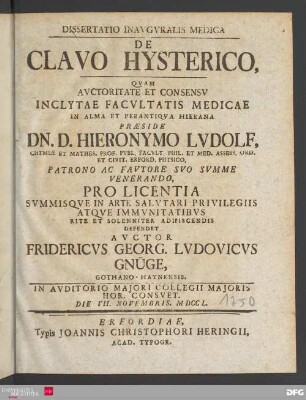 Dissertatio inavgvralis medica de clavo hysterico