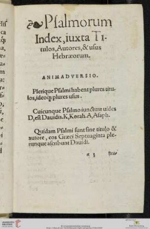 Psalmorum Index, iuxta Titulos, Autores, & usus Hebræorum