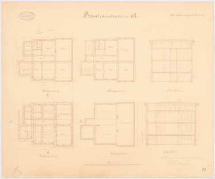 Provinzial-Irrenanstalt, Conradstein Beamtenwohnhaus A: Grundriss Keller, Erdgeschoss, Obergeschoss, Dachgeschoss, Längsschnitt, Querschnitt 1:100