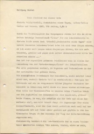 [W175]: Kein Abschied von dieser Erde. : Christa Wolf: "Störfall. Nachrichten eines Tages." : Aufbau-Verlag Berlin und Weimar. 1987. 118 Seiten, 6,60 M