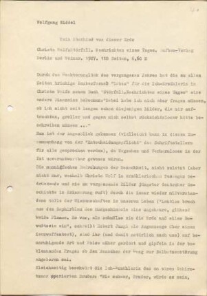 [W175]: Kein Abschied von dieser Erde. : Christa Wolf: &quot;Störfall. Nachrichten eines Tages.&quot; : Aufbau-Verlag Berlin und Weimar. 1987. 118 Seiten, 6,60 M