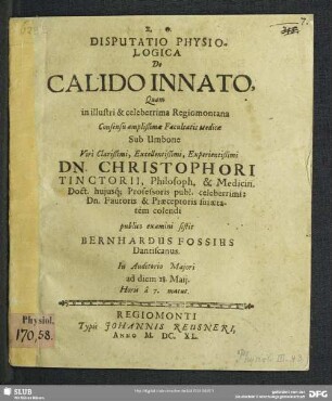 Disputatio Physiologica De Calido Innato