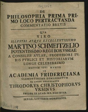 De Philosophia Prima Primo Loco Pertractanda Commentatio Brevis