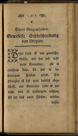 V. Etwas Geographisches. Gewisseste Erdbeschreibung von Utopien