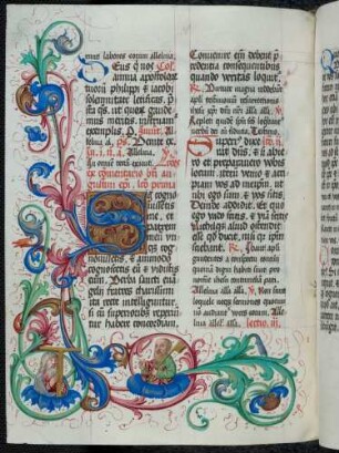 Zierinitiale: S(i cognovissetisme); bewohnte Rankenbordüre: heiliger Philippus und heilger Jakobus d. J.