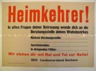 Blanko-Maueranschlag der SED Sachsen für Verzeichnis von Beratungsstellen für Kriegsheimkehrer