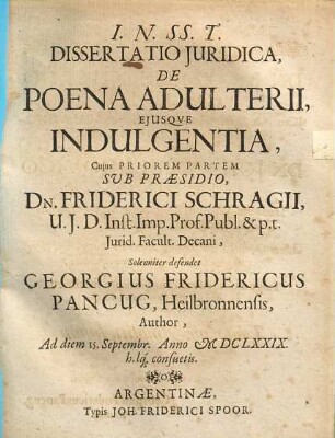 Dissertatio Iuridica De Poena Adulterii Eiusque Indulgentia