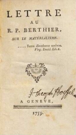 Lettre au R. P. Berthier, sur le Matérialisme